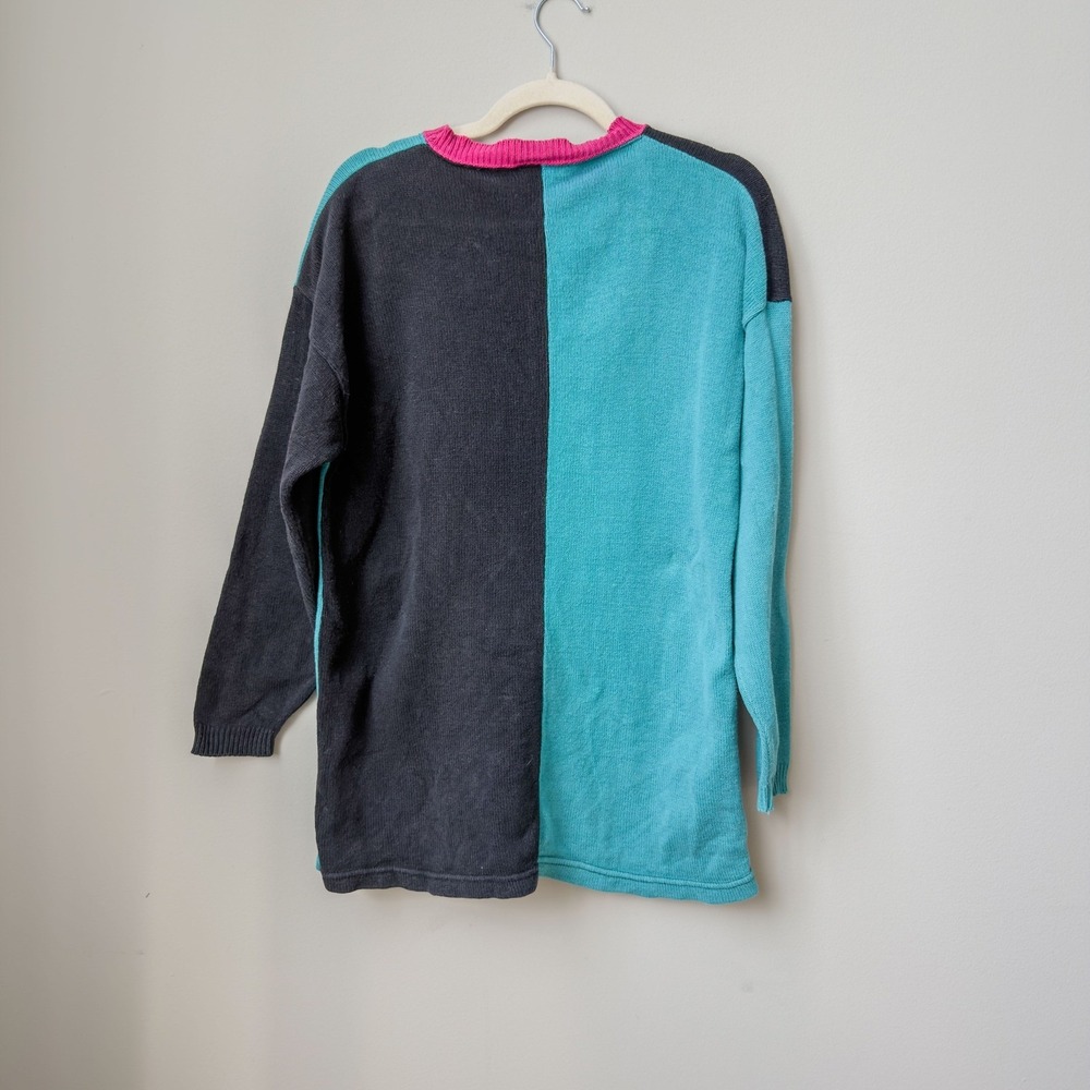 Eclectic Vintage 80's Teal Abstract Retro Cotton Colorblock Sweater Dress Size S - Picture 3 of 6